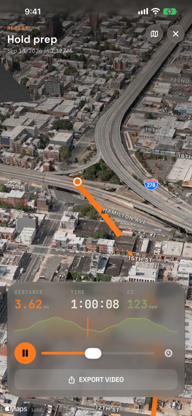 3D replay flying over Brooklyn in satellite view, with distance, time, heart rate and an elevation profile